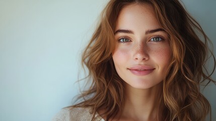 Smiling caucasian young female with wavy hair and freckles against soft blue background