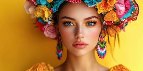 Bright floral headdress adorns woman with striking makeup against vibrant yellow background during cultural celebration