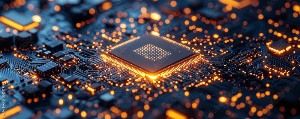 Wall mural abstract glowing circuit board with futuristic highlighted components