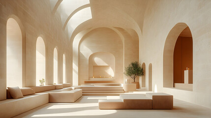 Beige arched lounge interior, sunlit, serene