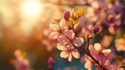 Pink Cherry Blossoms in Warm Sunlight