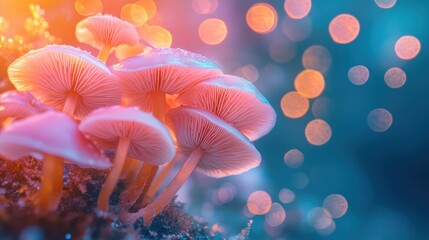 Colorful mushrooms glowing in enchanting forest with magical light bokeh