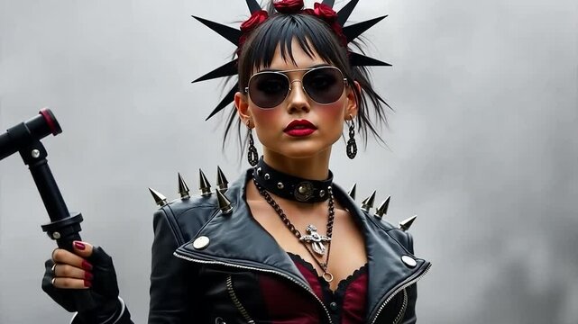 Punk Rock Girl with Spiked Hair and Weapons