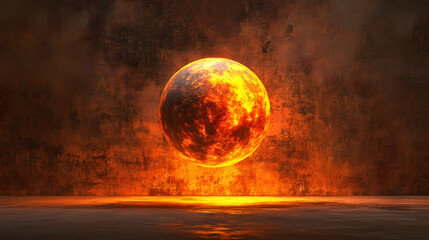 A bold fiery orb glowing with shades of orange and red levitating above a charred metallic surface under dramatic lighting. 
