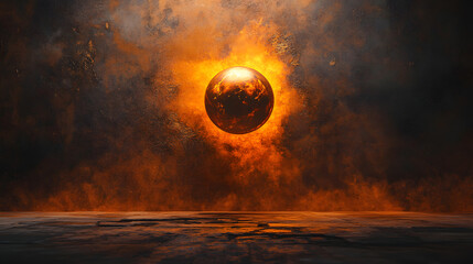 A bold fiery orb glowing with shades of orange and red levitating above a charred metallic surface under dramatic lighting. 