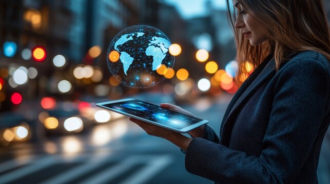 With a tablet in hand, a businesswoman conducts international fund transfers, participating in cross-border banking and leveraging global fintech solutions
