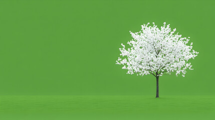 Blossoming tree, green background, spring scene