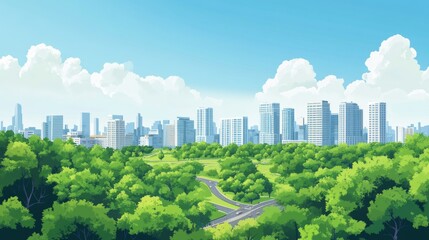 Fototapeta premium Aerial perspective of a vibrant urban cityscape featuring eco friendly architecture and green spaces