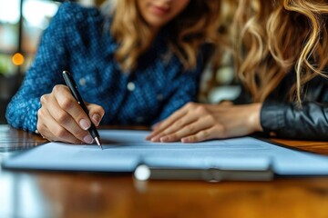 Close-up of a hand signing an agreement on a formal document
