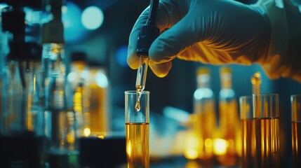 Scientist conducting experiment in laboratory with test tubes and pipette