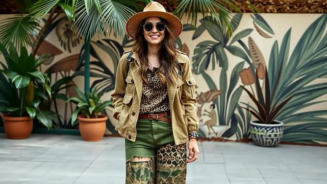Stylish Woman in Safari Outfit Posing Against Tropical Mural