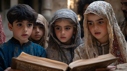 Children Reading Holy Book in Ancient Setting