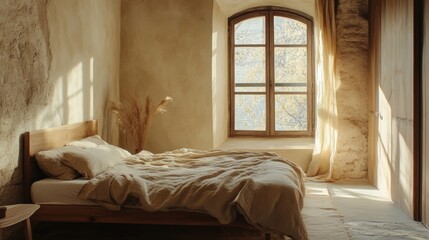 A serene bedroom with a large window, wooden bed, and natural light.