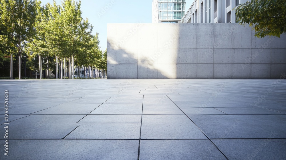 Poster an empty stone tiled plaza reveals a soothing environment, embraced by concrete walls and trees, cap