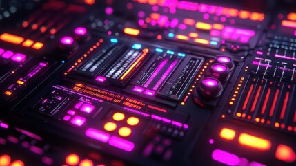 Obraz premium Futuristic music mixer control panel, glowing lights, studio, digital audio