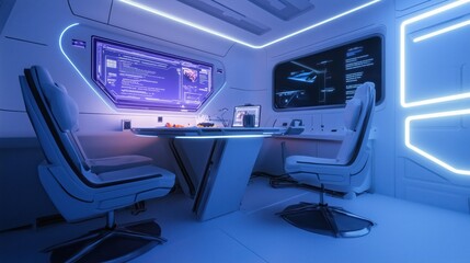 uturistic Cyberpunk Dining Room with Neon Interfaces