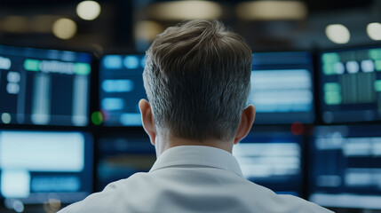 Stock trader analyzing major company tickers on digital display
