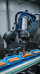 Automated Hot Dog Production Line: Robotic Arm Placing Sausages into Buns