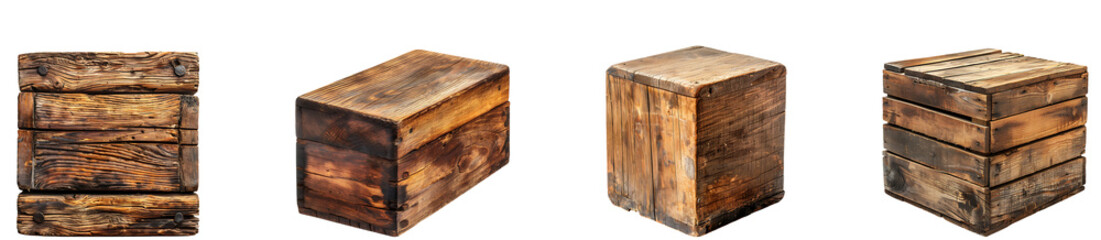 Old wooden box on transparent background collection set