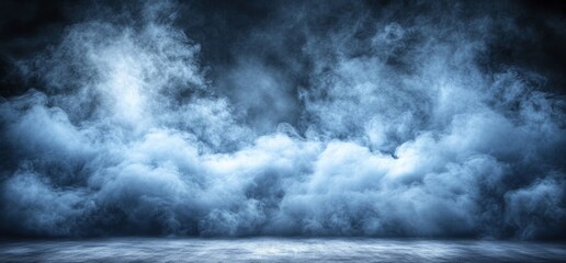 Obraz premium An empty, grunge-themed concrete garage tunnel in a warehouse is dramatically lit by a large blue laser, evoking a dark, futuristic sci-fi atmosphere at night