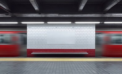Realistic 3D render of an advertisement template in a NYC subway station, with a moving train visible in the background