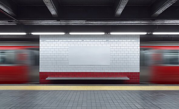 Realistic 3D render of an advertisement template in a NYC subway station, with a moving train visible in the background