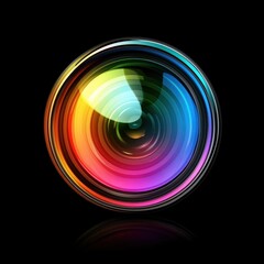 Colorful camera lens on black background.