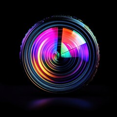 Colorful camera lens close-up, vibrant rainbow reflections on black background.