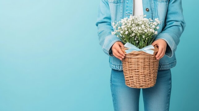 Young caucasian female holding wicker basket with white flowers against blue background