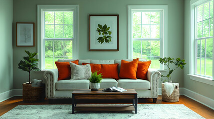 Fototapeta premium Cozy Living Room with Orange Accents