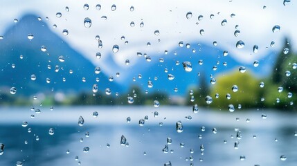 Raindrops on glass with mountain and lake view in background