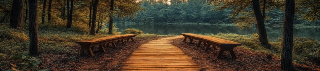 Obraz premium Scenic wooden path leading to a serene lake flanked by benches in a forest setting. Generative AI