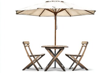 A stock photo featuring a white background with a cafe table, chair, and a parasol umbrella