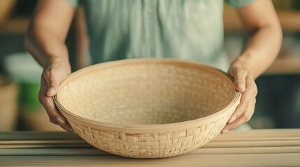 Female hands holding woven bamboo basket