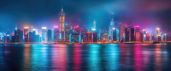 Night cityscape, harbor reflection, neon lights, Asia, urban wallpaper