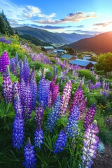 Beautiful colorful wild flowers with snow mountain in Spring.