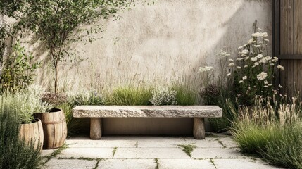 Obraz premium A stone bench sits in a garden, surrounded by greenery and flowers, with a wooden barrel nearby.