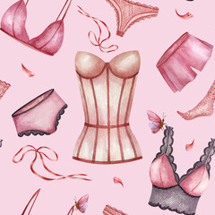 Seamless pattern with Pink purple underwear, women corset and lace socks. Watercolor illustration isolated on pink background. Perfect for wrapping paper, packaging in lingerie stores, web design