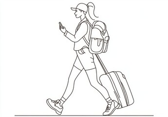 Fototapeta premium A traveler with their luggage depicted in a single, unbroken line drawing