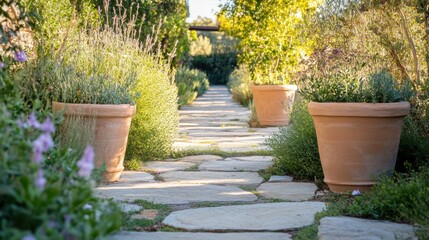 Fototapeta premium A stone path in a garden with three large terracotta pots filled with plants.