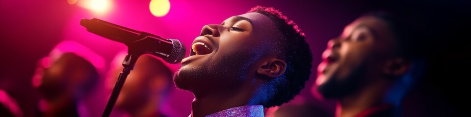 Young Black man passionately singing into a microphone during a vibrant performance.