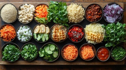 Fototapeta premium A variety of fresh ingredients artfully arranged for a creative food preparation process. Generative AI