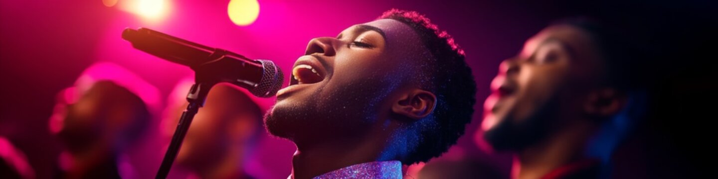 Young Black man passionately singing into a microphone during a vibrant performance.