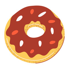 Donut with chocolate icing. Sweet pastry dessert for snack or breakfast. Vector illustration, flat hand drawn style with texture. Baked food for sticker, bakery, cafe shop, restaurant menu