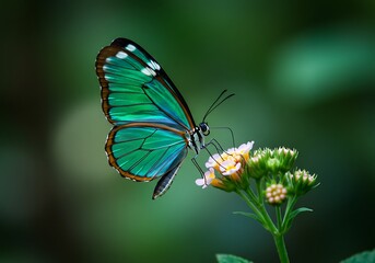 Green Butterfly Feeding on Small Flowers in a Lush Garden