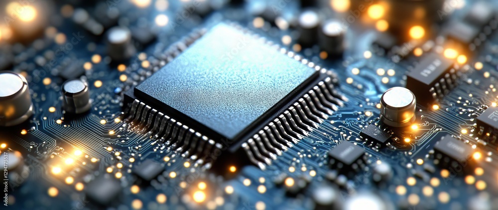 Poster an intricate 3d illustration of a circuit board with illuminated components, emphasizing artificial 