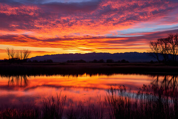 Obraz premium Golden Horizon: The Enchanting Embrace of Sunset Over Serene Waters