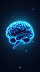 Artificial General Intelligence themed graphic featuring a stylized brain illustration with glowing particles and a dark background.