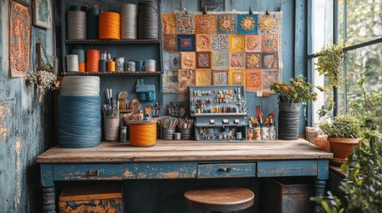 Naklejka premium Bright and inviting crafting workspace featuring colorful threads and embroidery materials on a rustic wooden desk. Generative AI
