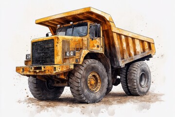 Detailed Watercolor Illustration of a Large Yellow Dump Truck on a White Background